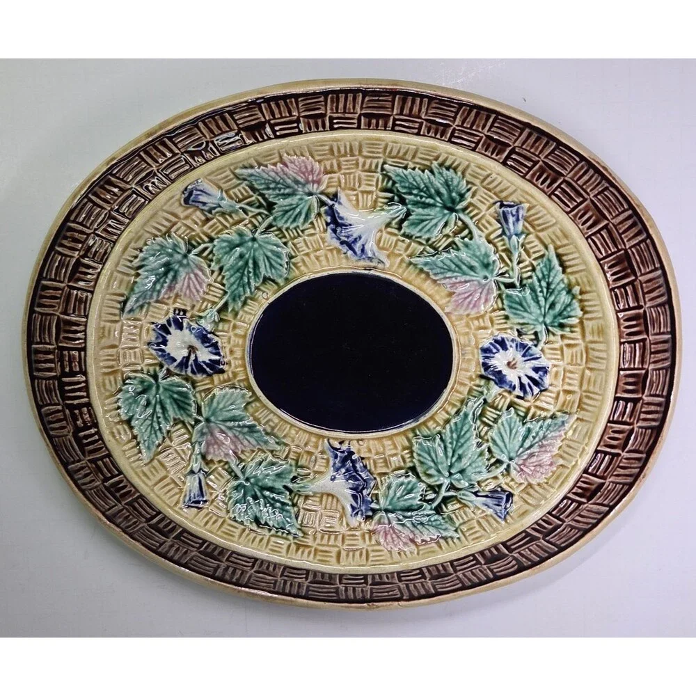 Antique Oval Majolica Basket Weave Footed Platter Floral Bread Bowl Cobalt 12¾